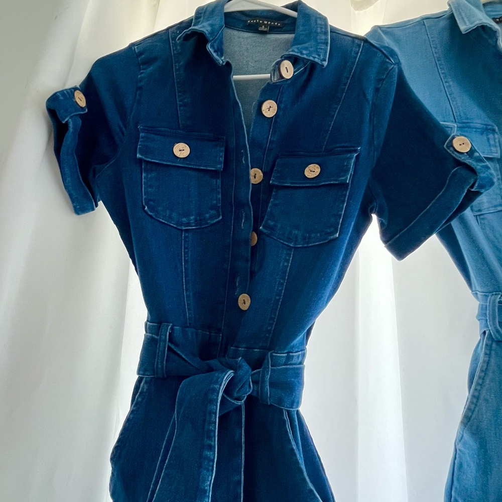 2 Haute Monde Blue Jumpsuits with Tie Waist and Tapered Legs - Picture 7 of 13